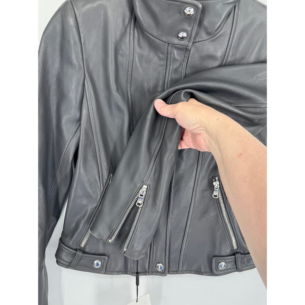 Calvin Klein Gray Genuine Leather Moto Jacket XS NWT Silver Hardware - Picture 7 of 12